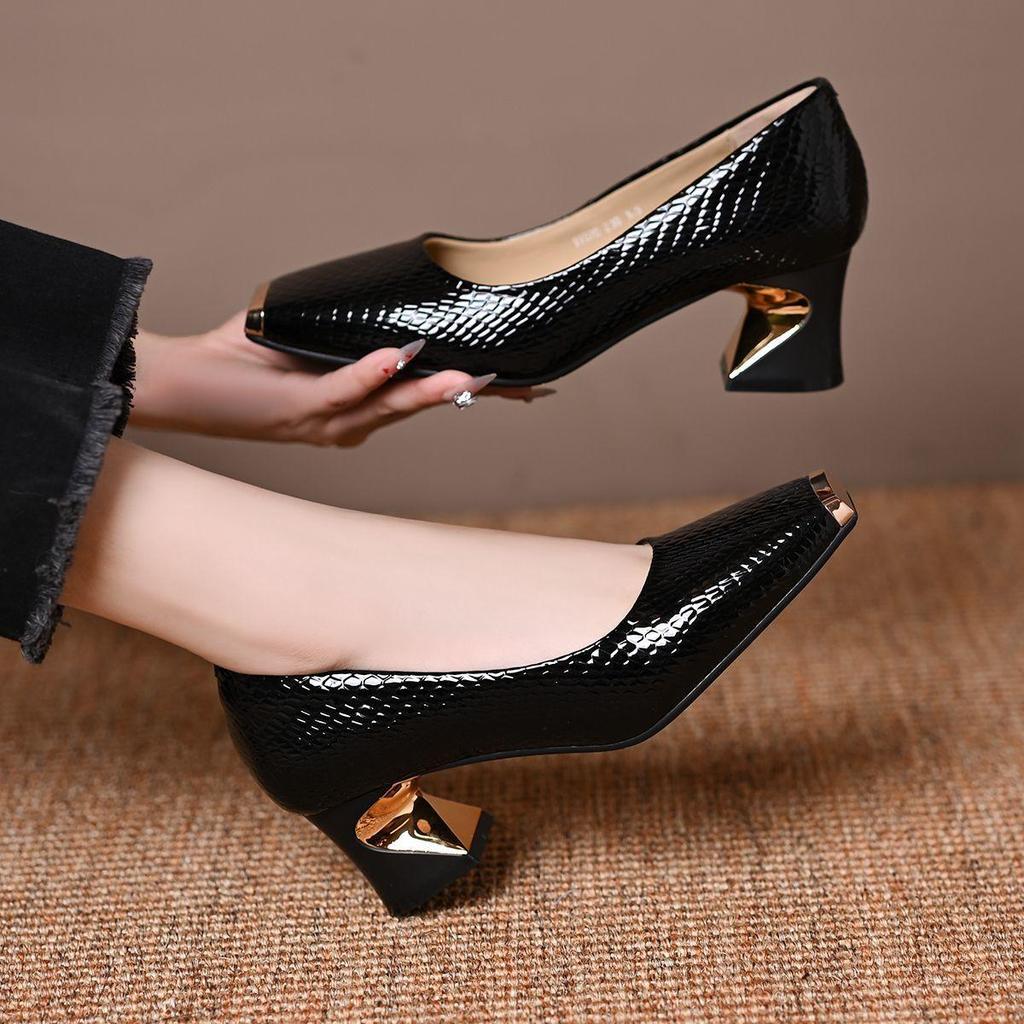 Tacchi quadrati stile francese da donna, Décolleté con tacco grosso tinta unita, Eleganti scarpe slip-on per l'ufficio, Lavoro da donna