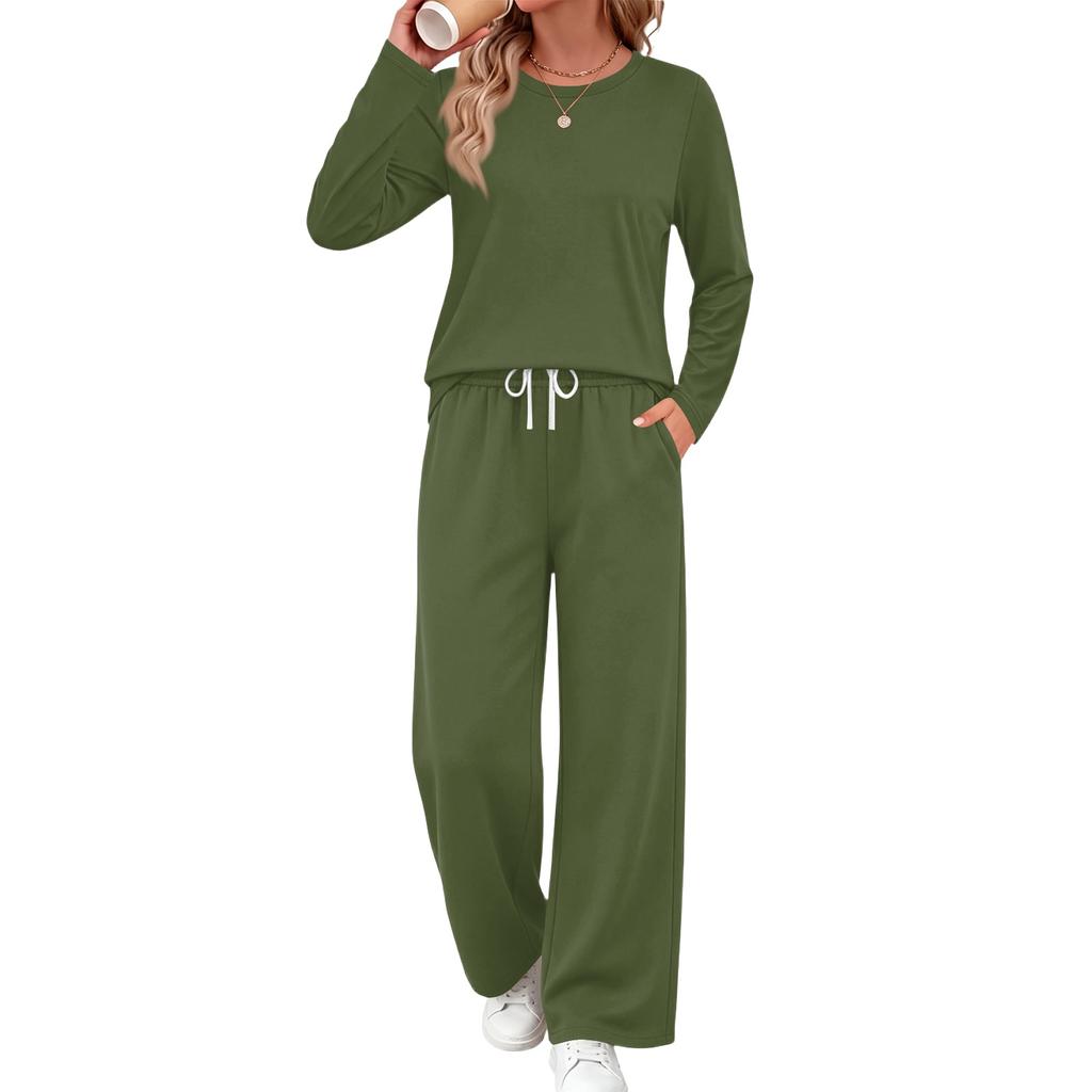 Women's Pajama Set with Pockets, Long Sleeve Round Neck Loose Fit Sleepwear for Home