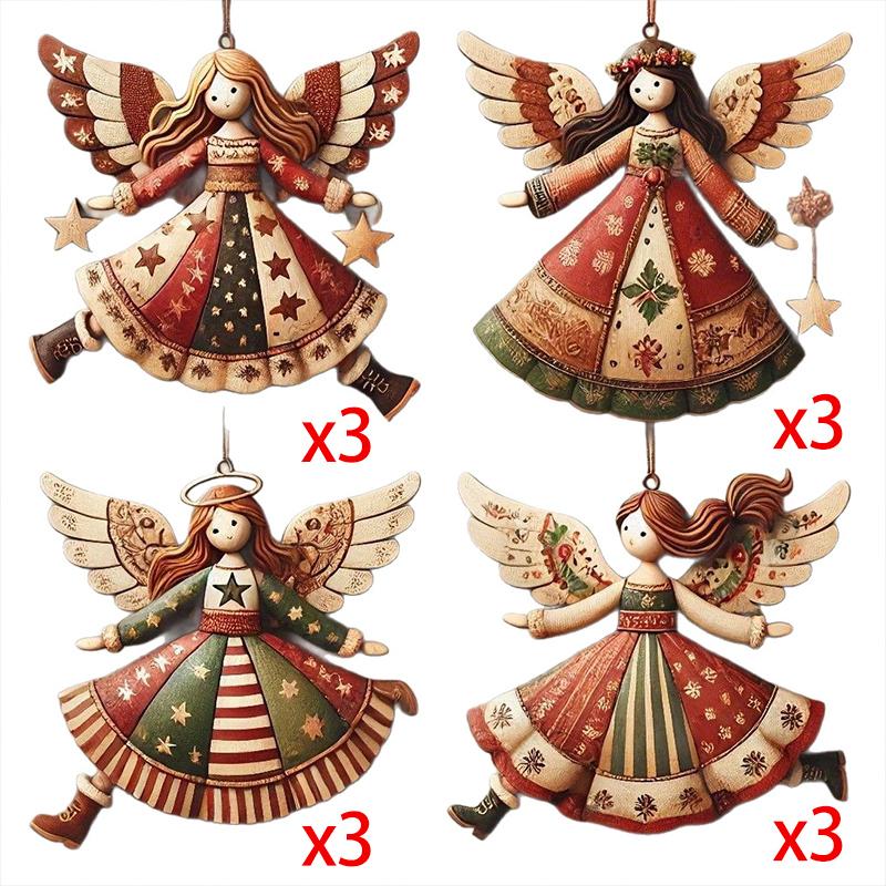 Vintage Christmas Wooden Angel Ornaments Wood Laser-Cut Rustic Christmas Tree Pendant Decorations for Home Xmas Winter Party