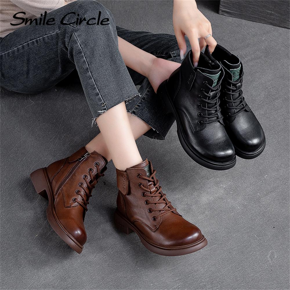 Echtes Leder, klobige Damenstiefel mit Schnürung, seitlichem Reißverschluss, Plateaustiefel, modische, lässige Stiefeletten