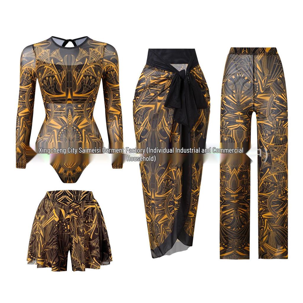 Women's Four-Piece Sun Protection Swimsuit Set with Long-Sleeved Top and Mesh Pants