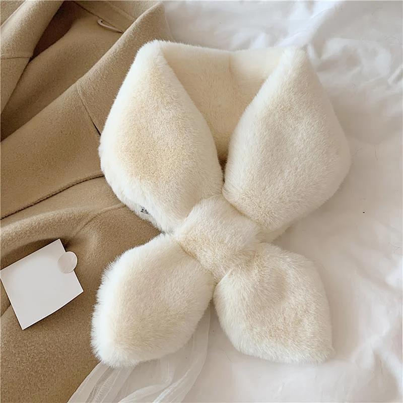 Cross Scarf for Women Autumn Winter Keep Warm Thick Plush Neck Collar Solid Color Fake Rabbit Fur Snood Scarves Warmer Girl Gift