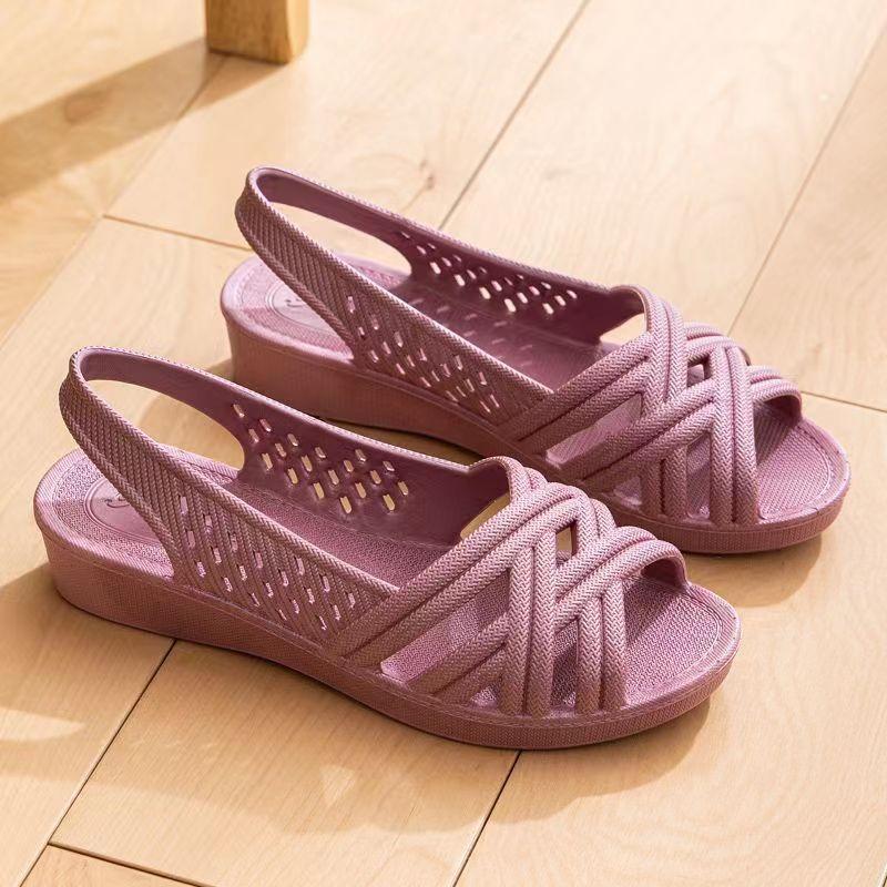 Summer Women's Slip-On Hollow Out Sandals Soft Sole Non Slip Wedges Fish Mouth Sandals Outdoor  Beach Sandals Mom Sandals