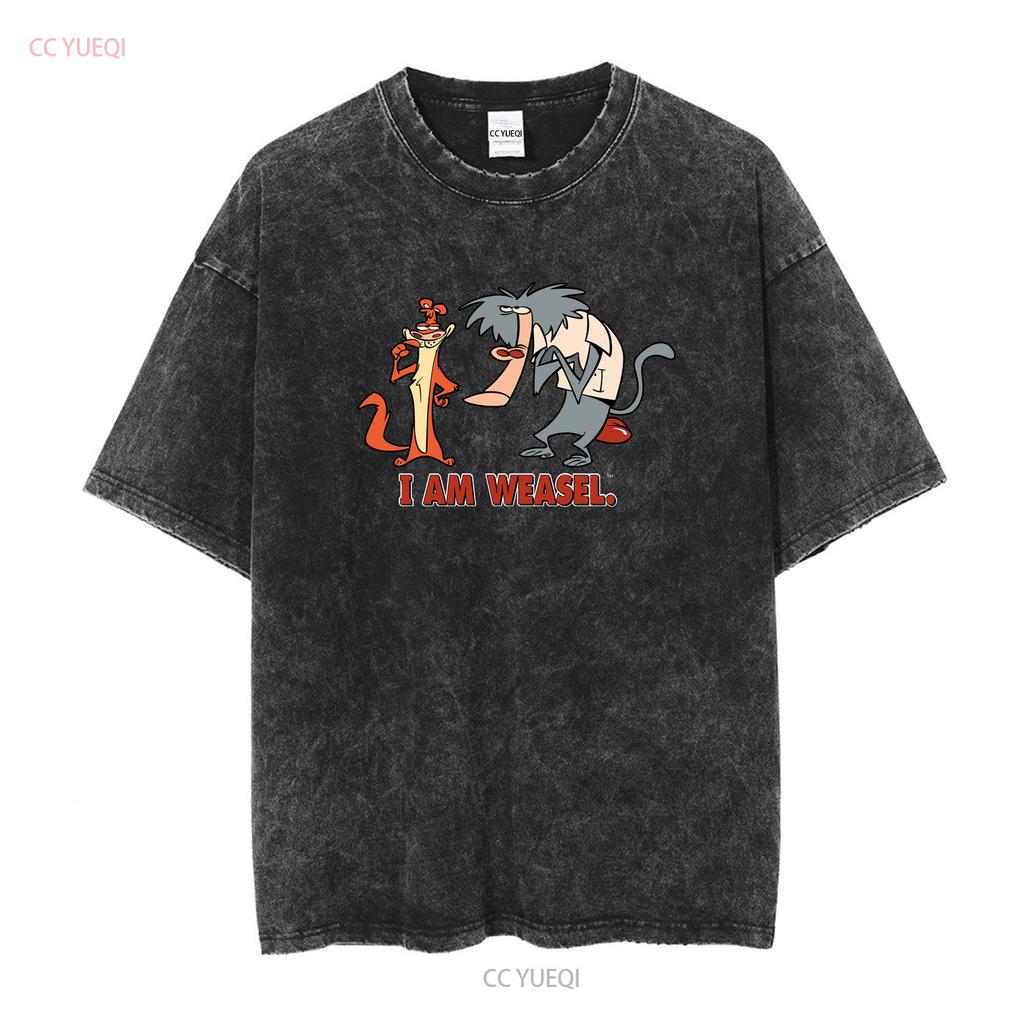 Official I Am Weasel Characters T Shirt Black vintage Washed Breathable Comfortable Top For Everyday Wear Soft designer clothes