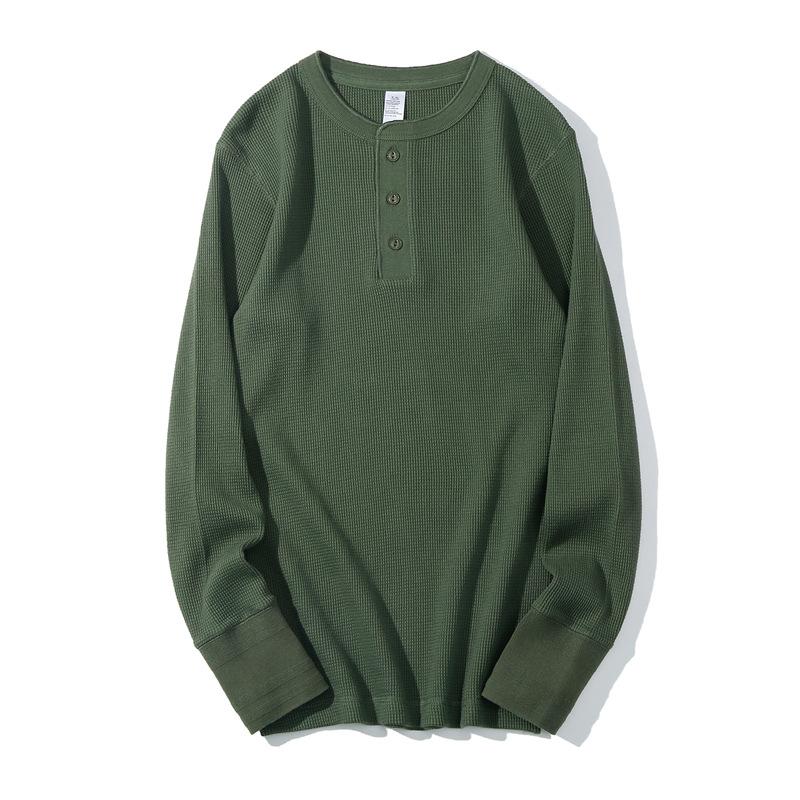 Męska koszulka z długim rękawem Henley Waflowy splot Ciężka Slim Fit Codzienna Vintage Wiosenna Warstwa bazowa Góra