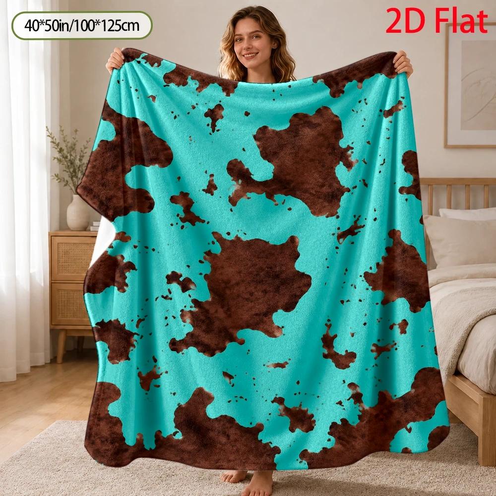 2D Flat Print Faux Cowhide Accent Pattern Flannel Blanket, Flannel Plush Blanket with Rustic Farmhouse Cowhide Print Illustration, Suitable for Living
