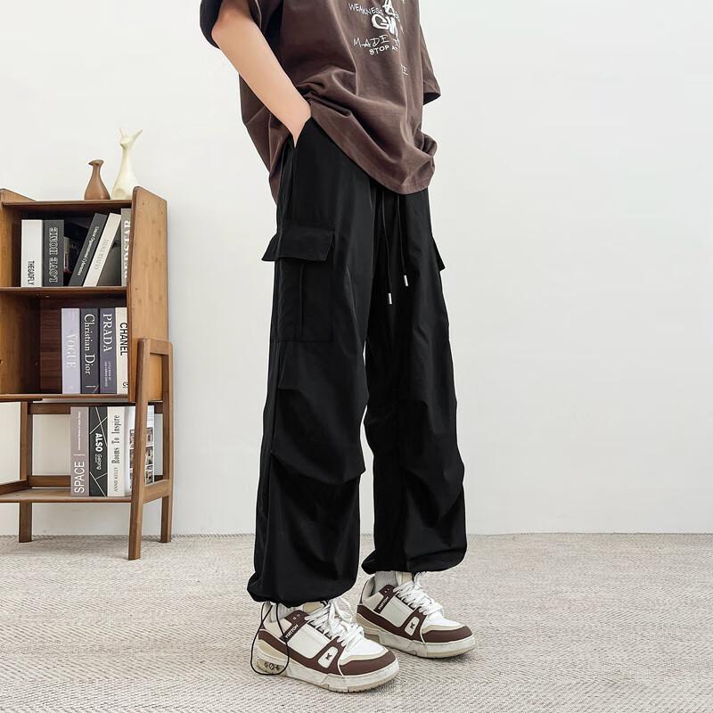 Homlean American-Style Wide-Leg Paratrooper Cargo Pants for Men, Spring Outdoor Sports Versatile Heightening Straight-Leg Trousers KMX05 Black 2XL