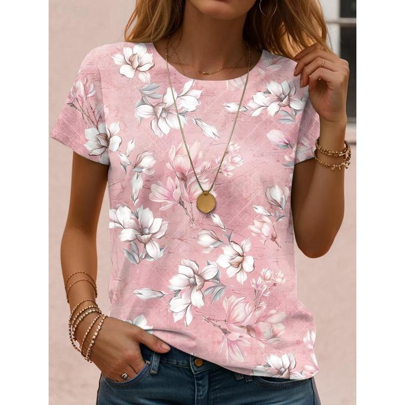 In Summer Women s T Shirt Tee Floral Casual Holiday Daily Short Sleeve Tees Fashion Round Neck T Shirts for Women S