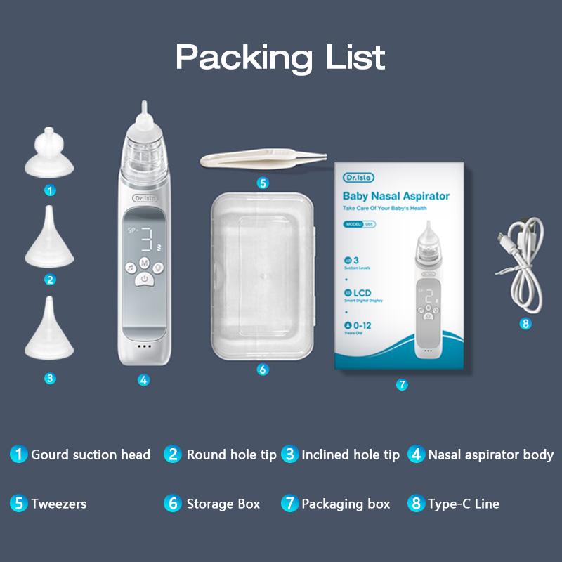 

Электрический назальный абсорбер Dr.isla, бесшумный, 3 режима, очиститель для детского насморка, аспиратор для носа, загубник из пищевого силикона белый