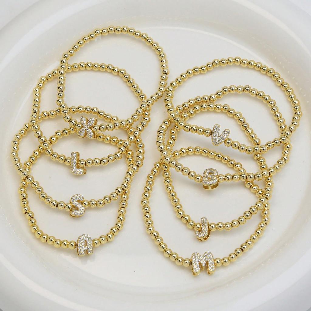 One Piece Plated Micro Pave CZ Bubble Ball A-Z Initial Beaded Elastic Cord Bracelet Women's Simple Bracelet Jewelry Gift