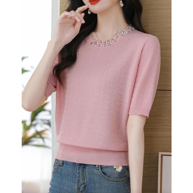Women Heavy Beaded Neckline Jacquard Knit Short Sleeve T Shirt New Fashion Summer Casual Elegant
