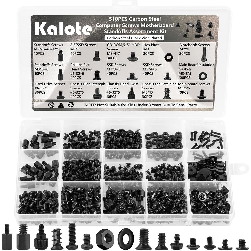 510PCS Computer Screws Assortment Kit, Carbon Steel Black Zinc Plated Motherboard Standoffs Screws PC Screws for HDD, SSD Hard Drive Fan, Power