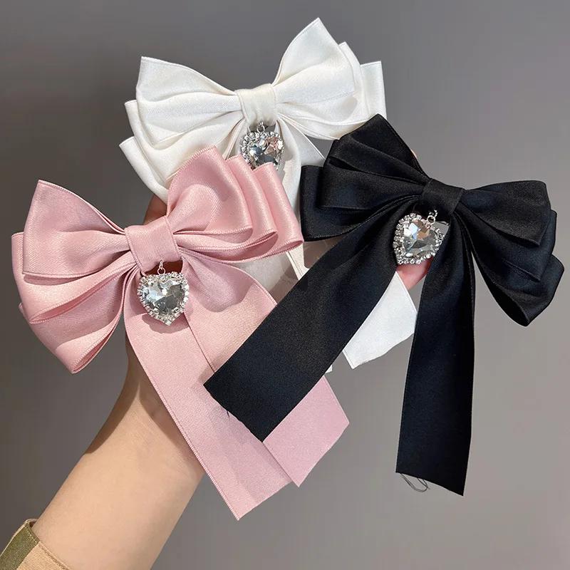 New Women's Rhinestone Heart Tassel Bow Tie Korean Style Versatile Suit Shirt Collar Flower Hair Clip Dual-purpose Accessory
