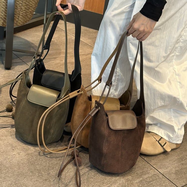 Vintage Suede Shoulder Bucket Bag Crossbody Armpit Bag