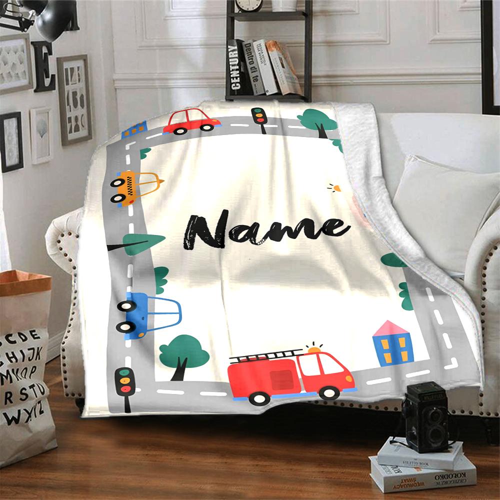 Custom Name Cute Cars Theme Printed Blanket - Perfect for Couch, Bed, Travel & Outdoor Use | Machine Washable, Cozy & Durable.
