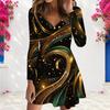 Women Plus Size V Neck Long Sleeve Printed Black Green Gold A Line Dress