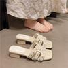 French Thick Heel Cool Slippers Women'S Summer Wear New Small Fragrant Style Fashion Pearl With Skirt Middle Heel One-Word Drag