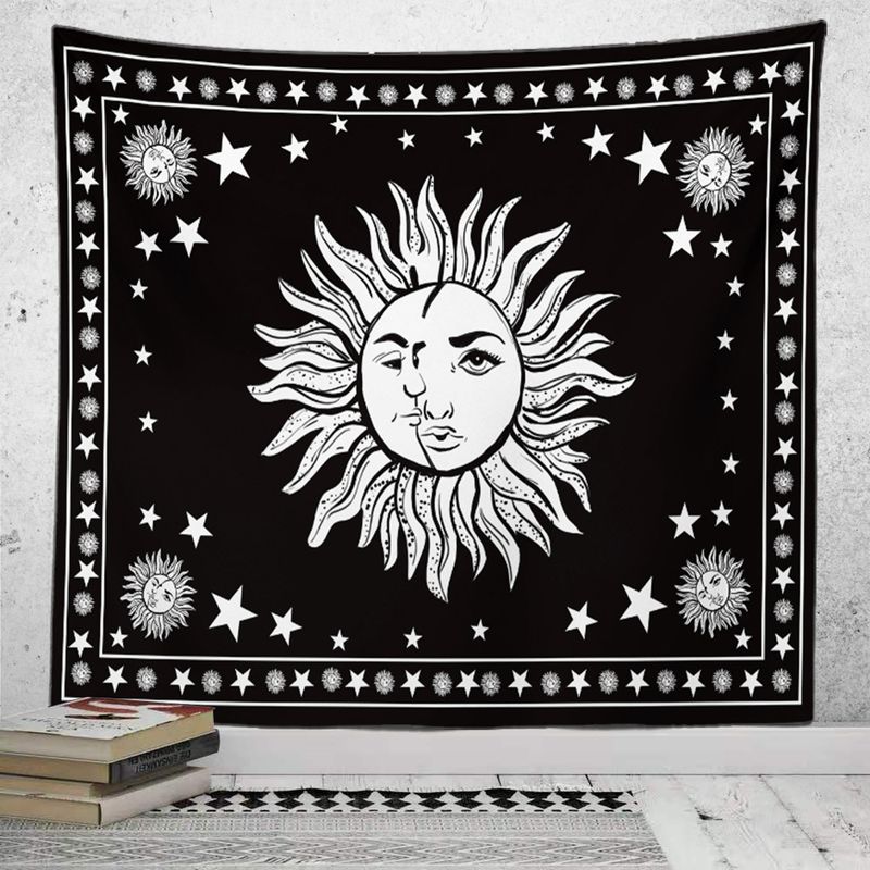 Black White Sun Moon Face Star Tapestry, Tarot Astrology Wall Hanging for Bedroom Living Room Dorm Decor