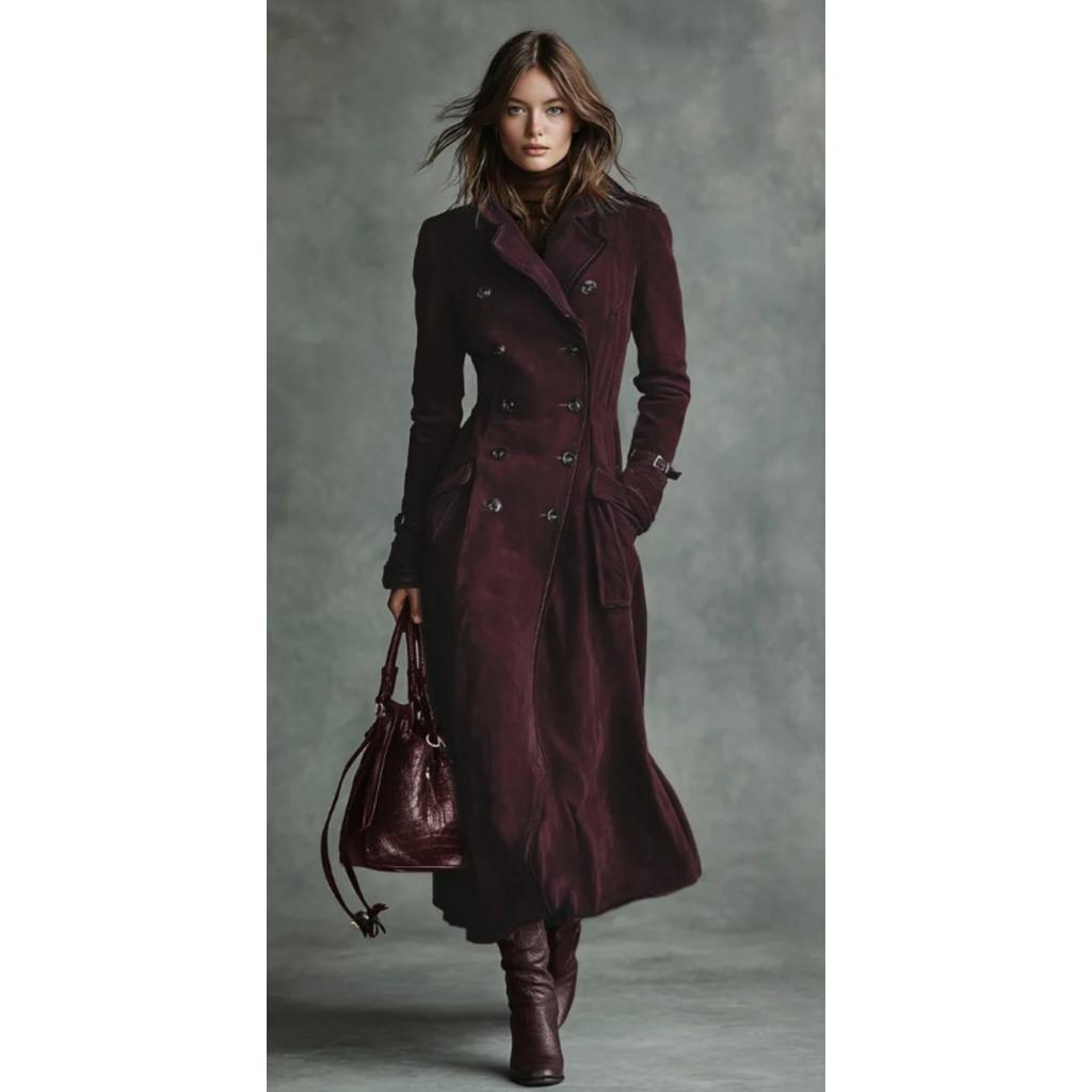Women's Lapel Double Breasted Suede Long Sleeve Maxi Trench Coat