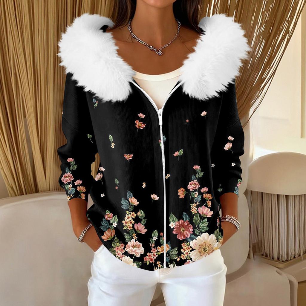 Pulover Casual de Damă la Modă cu Fermoar, Cardigan cu Imprimeu, Jachetă cu Glugă Plușată