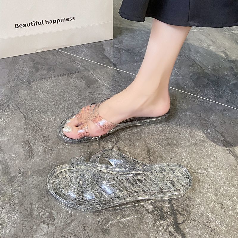 Schuhe Home Sommer 2024 Haus Slides Jewels Keilabsatz Damen Hausschuhe und Damen Sandalen Kristalle Rhenstone Jelly Pink Pvc IY