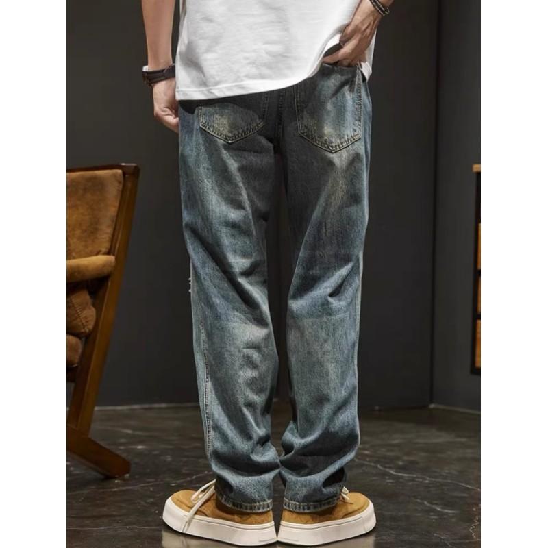 Men's Retro Washed, Distressed, and Ripped Denim Pants: Casual, Loose-Fit, Straight-Leg Long Pants for Spring and Fall