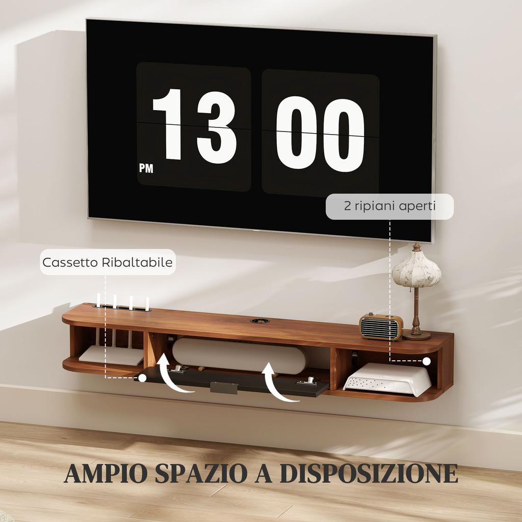 TV Cabinet Up To 50" Wall-Mounted with Drawer, 2 Open Shelves and Cable Hole, 120x24x16 Cm, Walnut