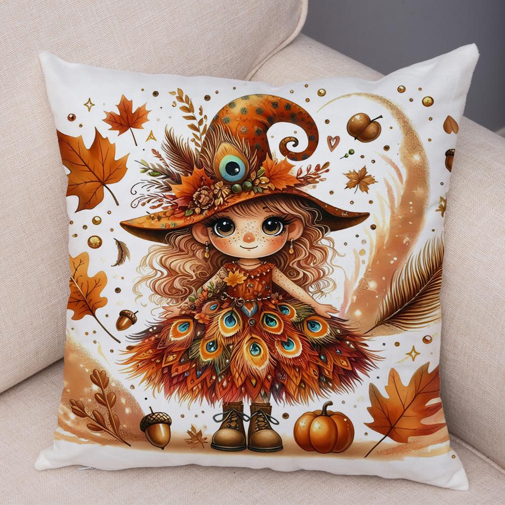Cartoon Autumn Maple Leaves Girl Cushion Cover Print Cute Children Pillowcase Decor Pillow Case For Sofa Home