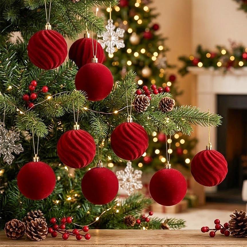 12Pcs Flocked Christmas Bauble Set, Boxed Plastic Xmas Hanging Balls, 6cm & 8cm Luxury Decor Ornaments for Christmas Tree