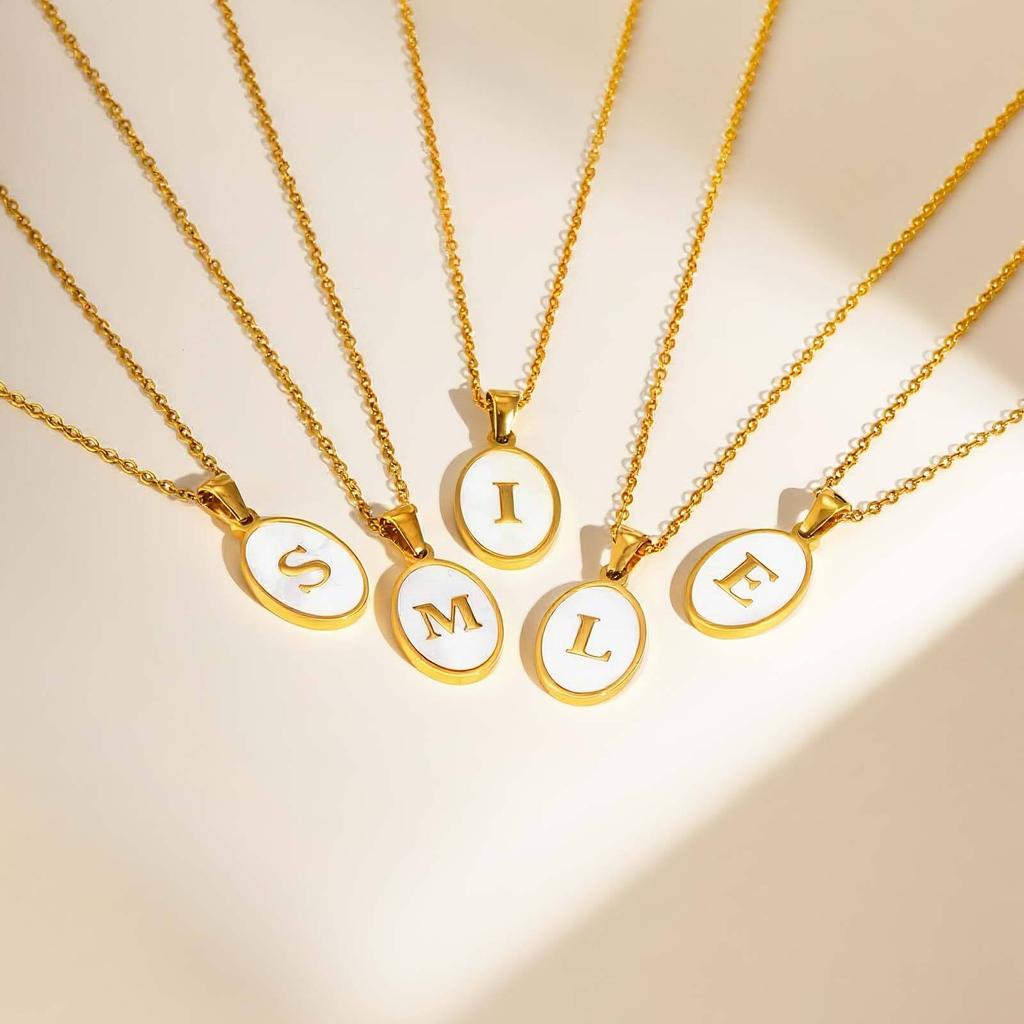 Vnox Women's Pretty Letters Necklace, Stainless Steel Oval White Shell Letter A-Z Pendant, Gold Color Jewelry Gifts