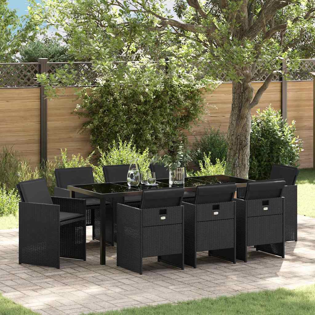 Outdoor Dining Set with Cushions 9 pcs Black Poly Rattan