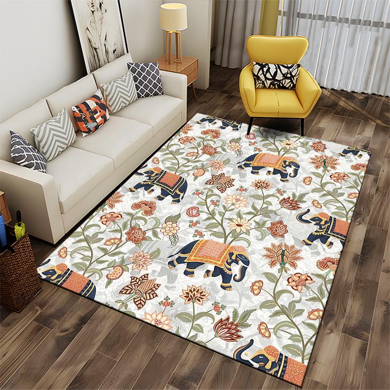 Floral Elephant Pattern Carpet, Artistic Bohemian Style Home Decor Suitable for use as an anti-slip for living room bedroom sofas