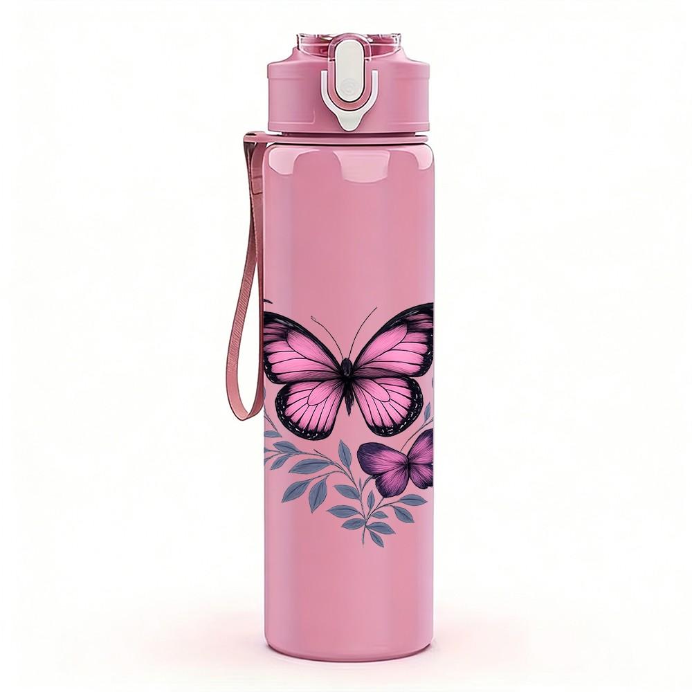 1PC Purple Butterfly Floral Print 750ml Color Plastic Sports Water Bottle Leakproof Flip Straw Lid Suitable for Sports Office Home Use