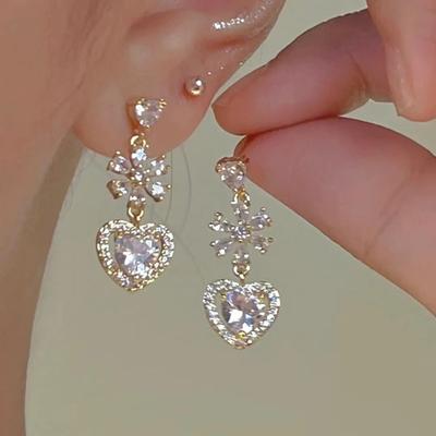 Mode Glanzende Zirkoon Bloemen Liefde Hart Kwastje Oorbellen Voor Vrouwen Persoonlijkheid Oorbellen Bruiloft Sieraden Verjaardagscadeaus