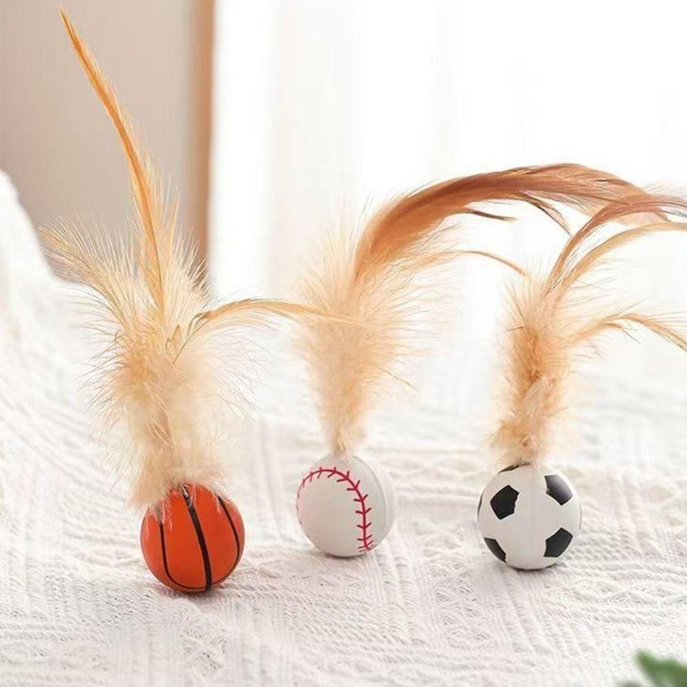 3Pcs Solid Biting Cat Interactive Ball Toy with Feathers Self Fun Cat Toy Bouncing Balls Interactive Play Elastic