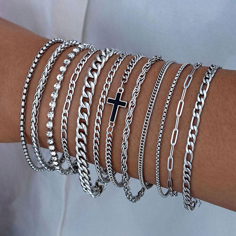 Simple Stylish Punk Hip-Hop Stainless Steel Cross Rhinestones Chain Bracelet Set for Men Women Vacation Date Casual Jewelry Gift