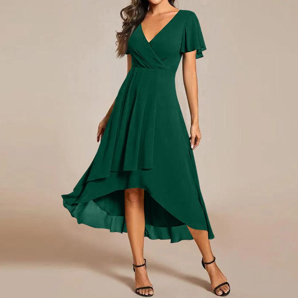 Women's Summer Dress Slim Fit Dress Color Chiffon V Neck Short Sleeved Dress