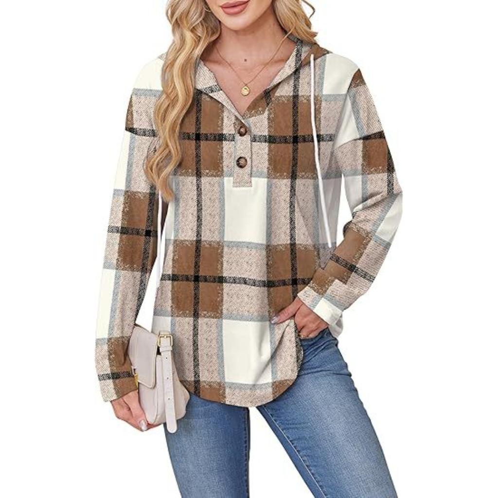Women's V Neck Button Hooded Plaid Long Sleeve Pullover Sweatshirt, Europe America Fashion Casual Top for Crossborder