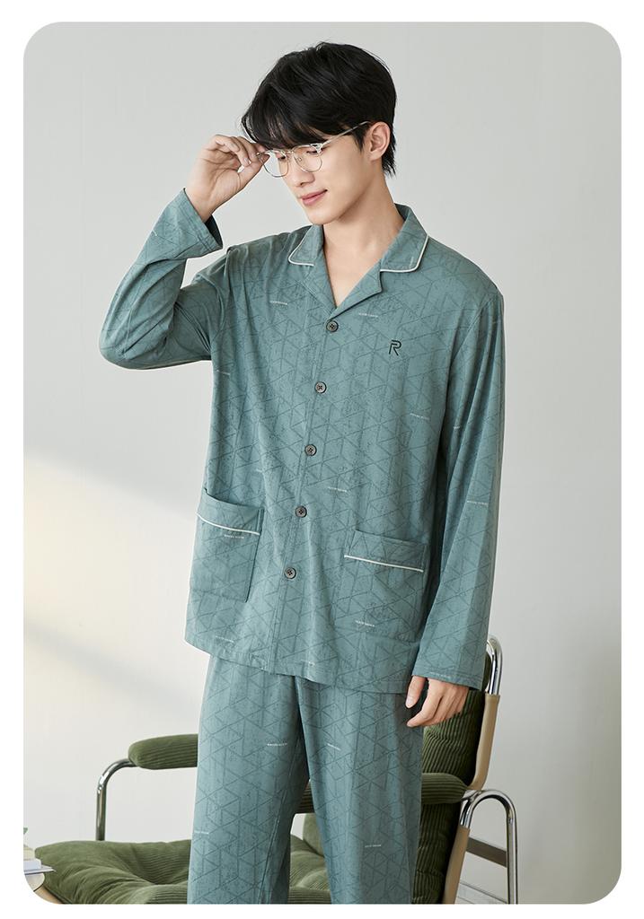 [Word of Mouth Hot Selling Item] Fenteng Classic Lapel Geometric Jacquard Gentleman Long Sleeved Home Suit Set Men's Pajamas