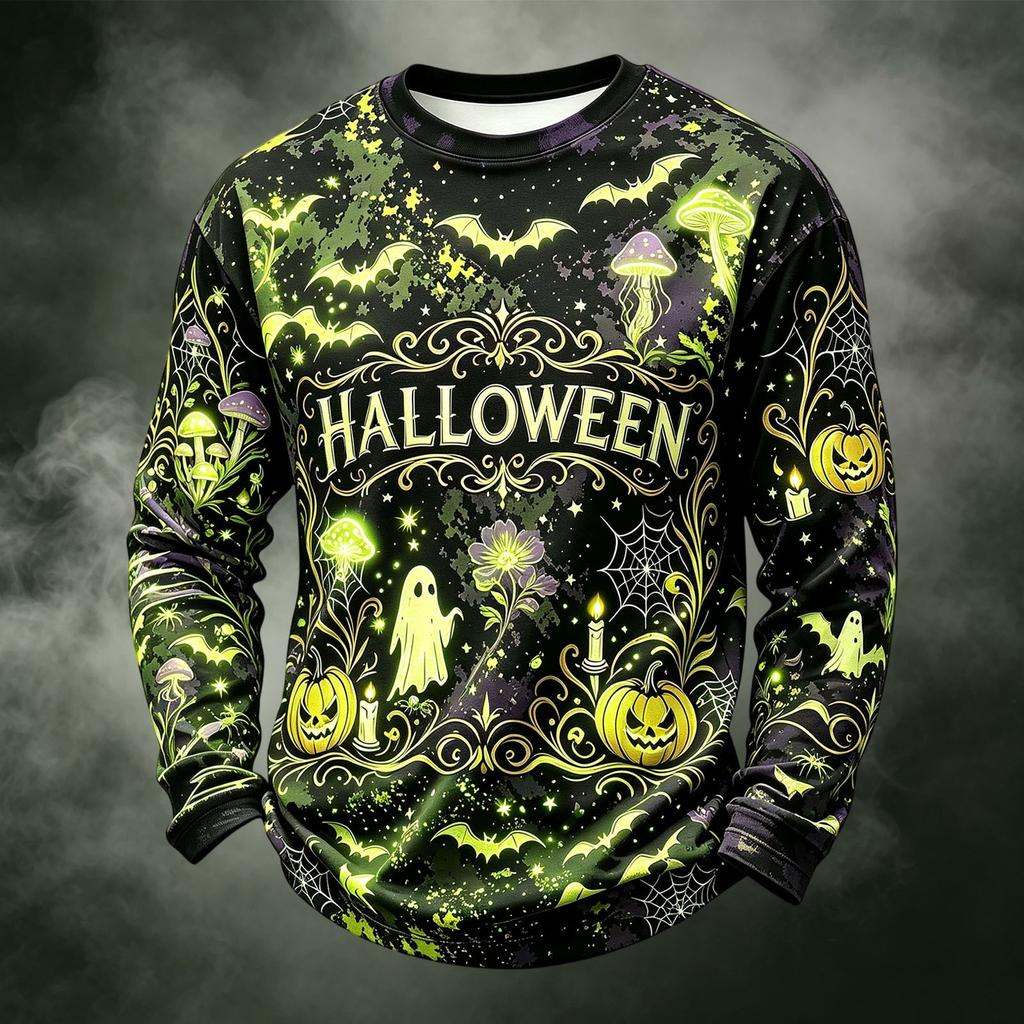 Men's Casual Knit Long Sleeve Neck T-Shirt with Halloween Print
