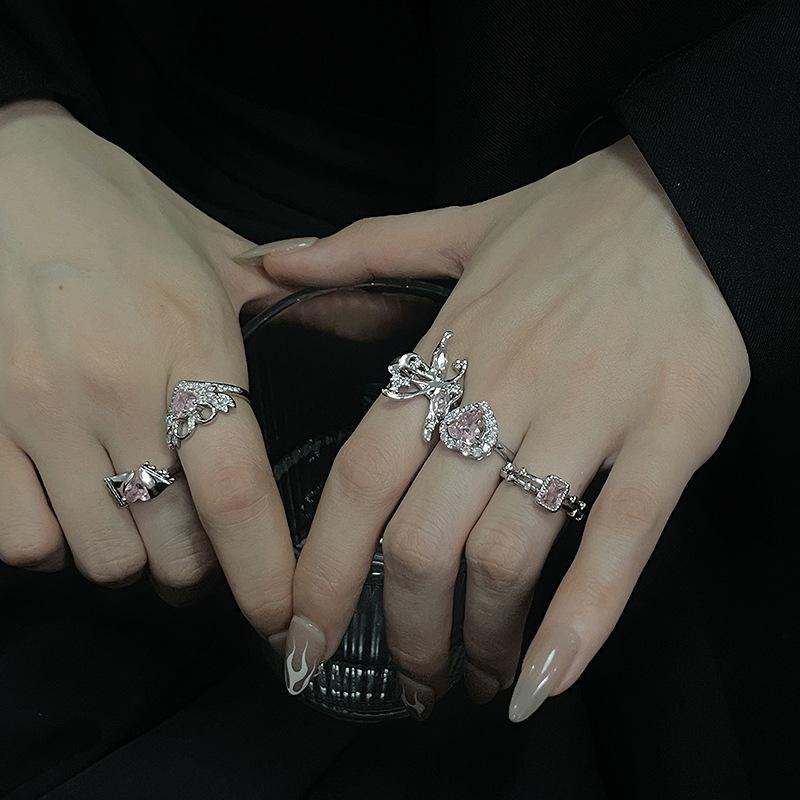 Sweet And Cool Pink Love Full Of Diamonds Zircon Butterfly Open Ring Candy Light Luxury Niche Design Advanced Sense Index Finger Ring