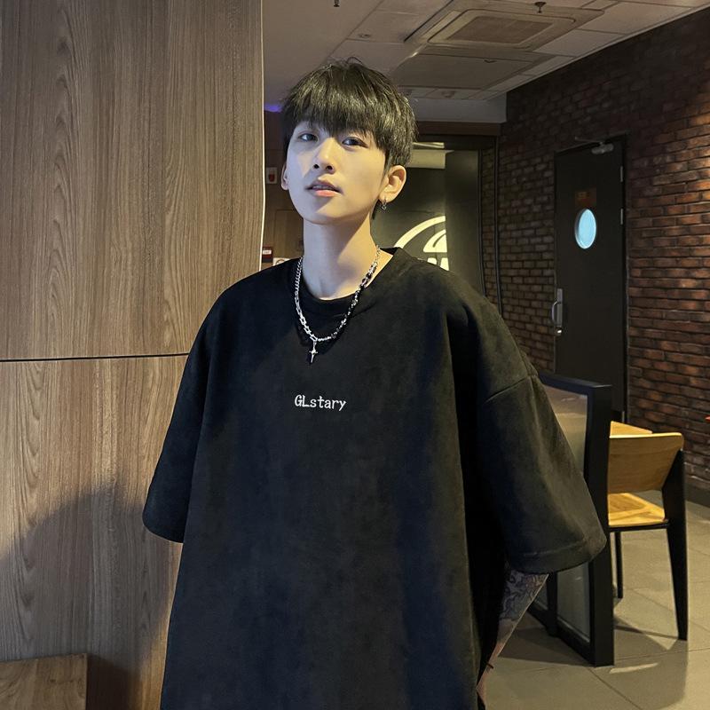 

Мужская трендовая замшевая футболка с круглым вырезом, короткими рукавами, свободного кроя, из плотной ткани M чёрный