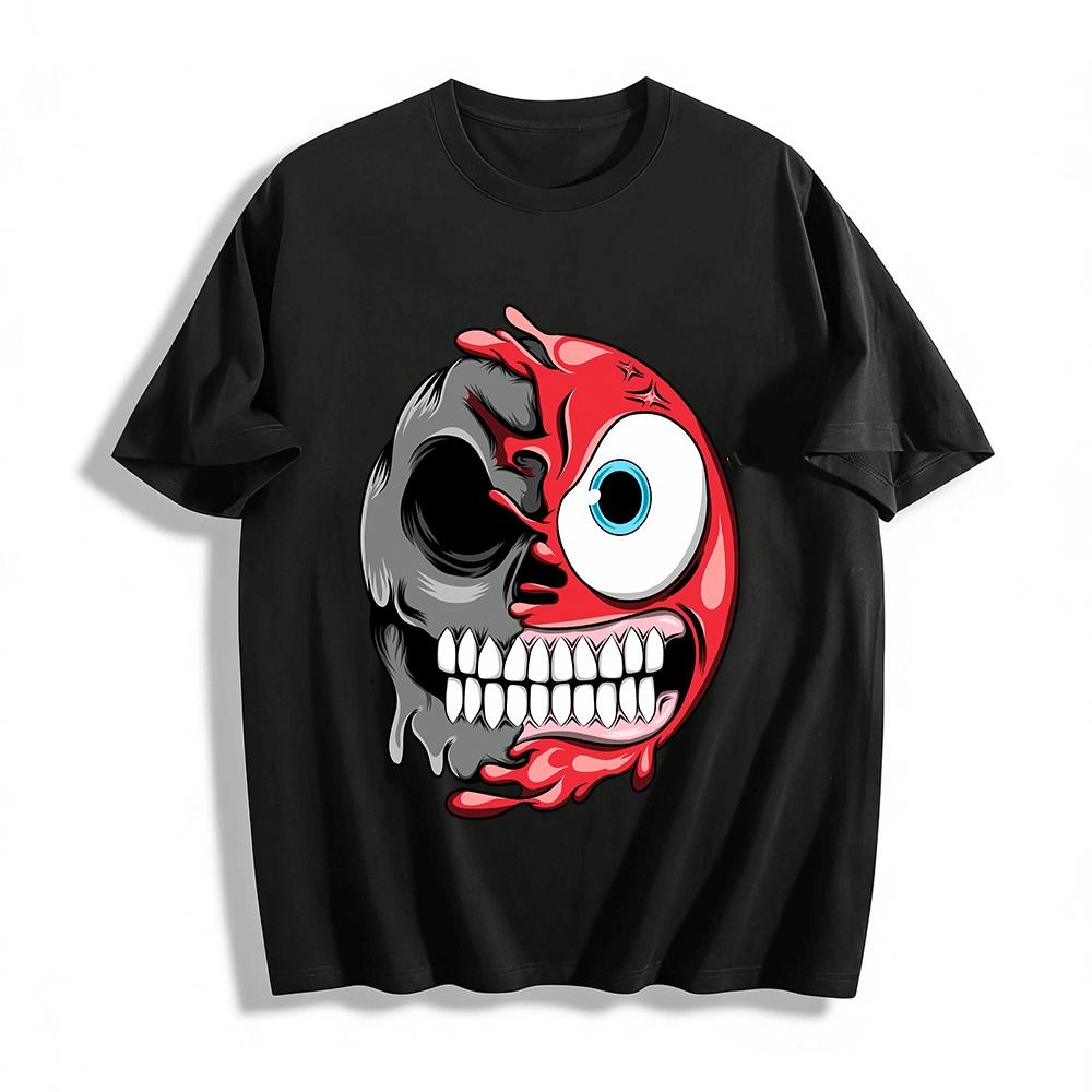 Half Skull Creepy Print Trendy Cool Casual Short Sleeve T-Shirt Pure cotton T-shirt XXS
