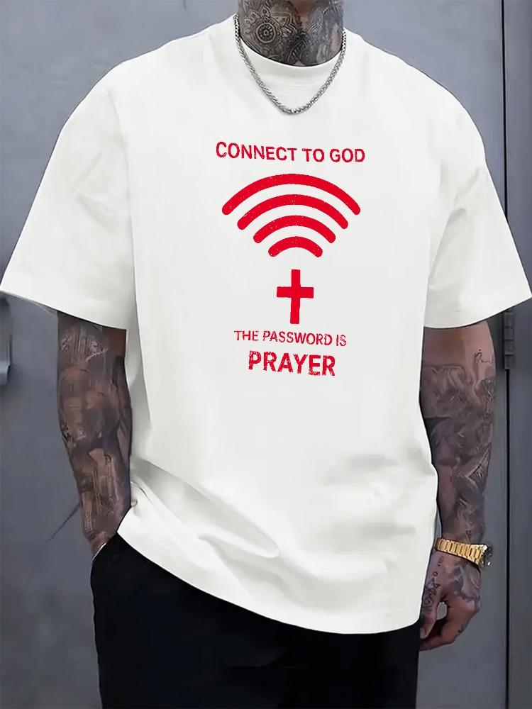Unisex O Neck Tee Prayer Wifi Cross Slogan Print Cotton Short Sleeve Loose Summer Street Breathable Daily Casual Basic Wear Top