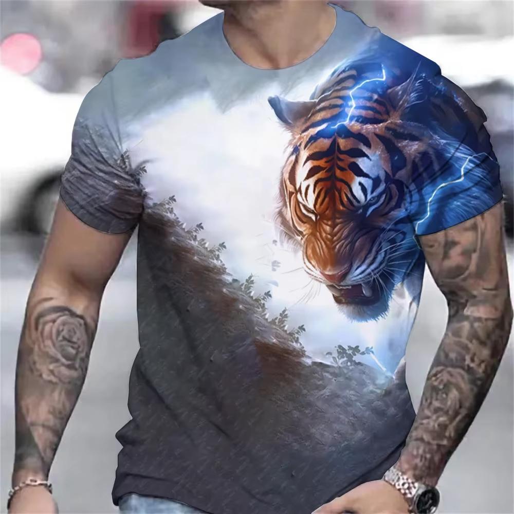 Verano Cuello Redondo 3D Animal Leopardo Tigre Patrón Estampado Top Camisetas de Hombre Casuales de Moda de Manga Corta