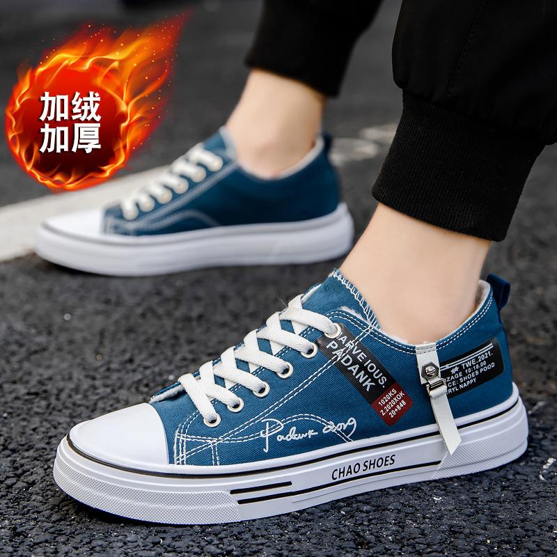 2025 winter new velvet thickened men's canvas shoes low-top warm student men's shoes fashion casual shoes