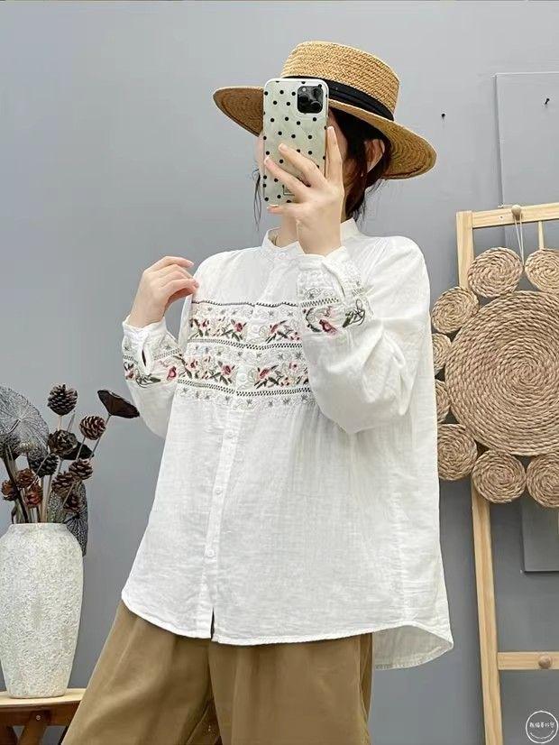 Elegant Retro Cotton Double Layer Gauze Stand Collar Embroidered Long Sleeve Top for Women