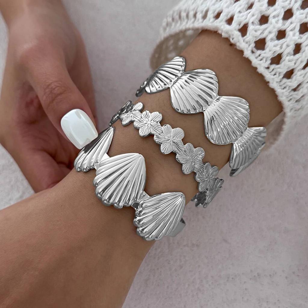 Ingemark 3 Styles Boho Flower Scallop Open Cuff Bangles for Women Vintage Irregular Geometric Adjustable Bracelets Daily Jewelry