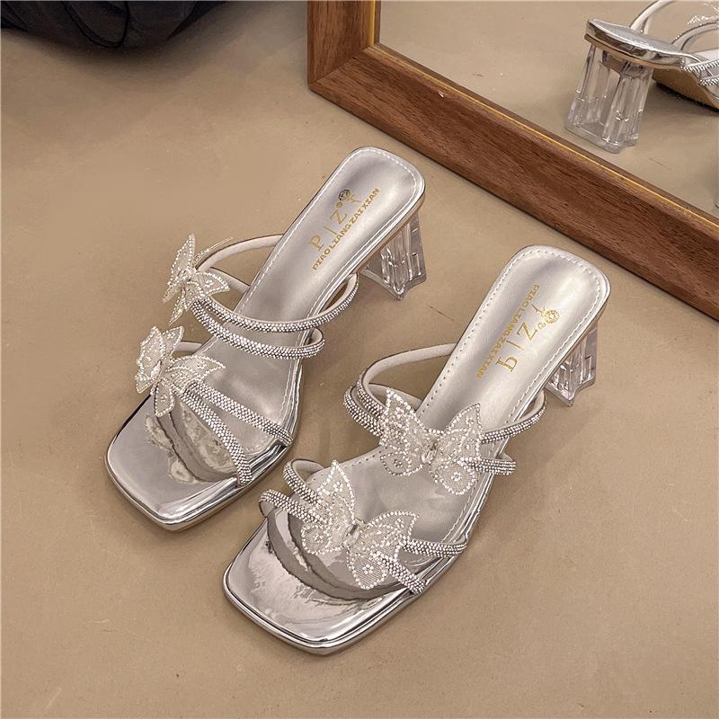 

New summer outer wear with skirt silver transparent crystal thick heel high heel slippers women 39 серебряный