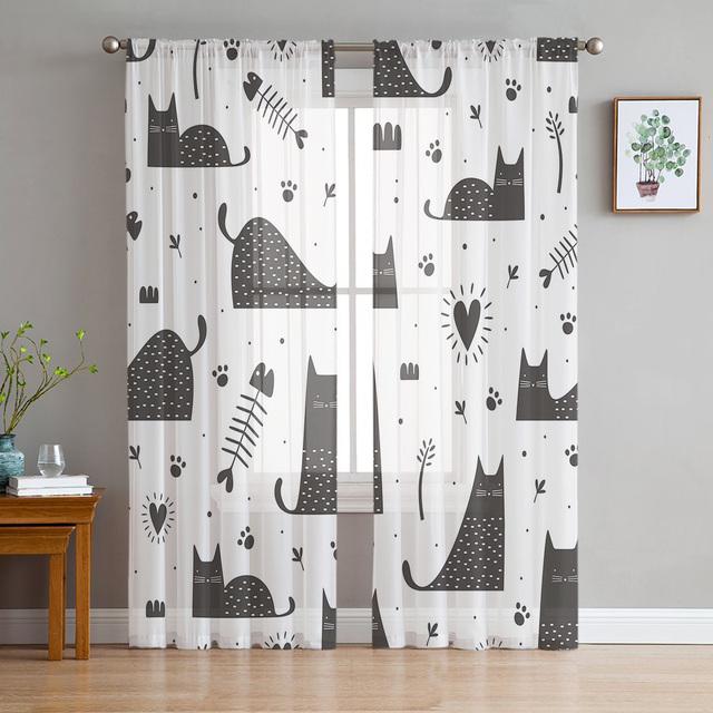 Cartoon Animal Cat Sheer Voile Curtains For Living Room Bedroom Printed Tulle Window Curtain Luxury Home Balcony Decor Drapes